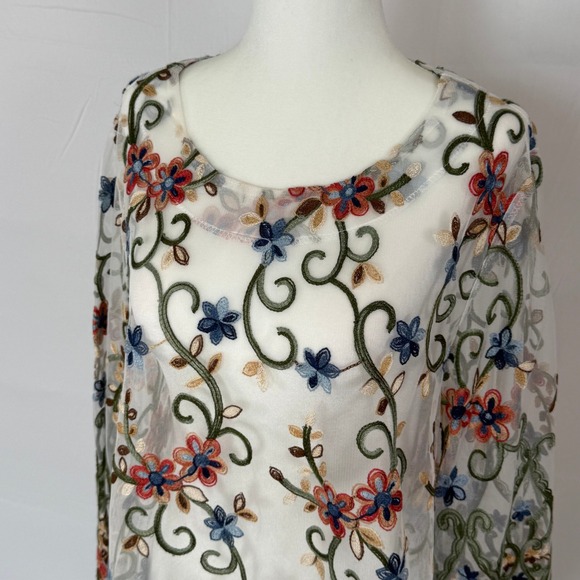 Yushi Floral Embroidered Sheer Mesh Tunic Top White Red Green Colorful Boho M - Picture 8 of 8